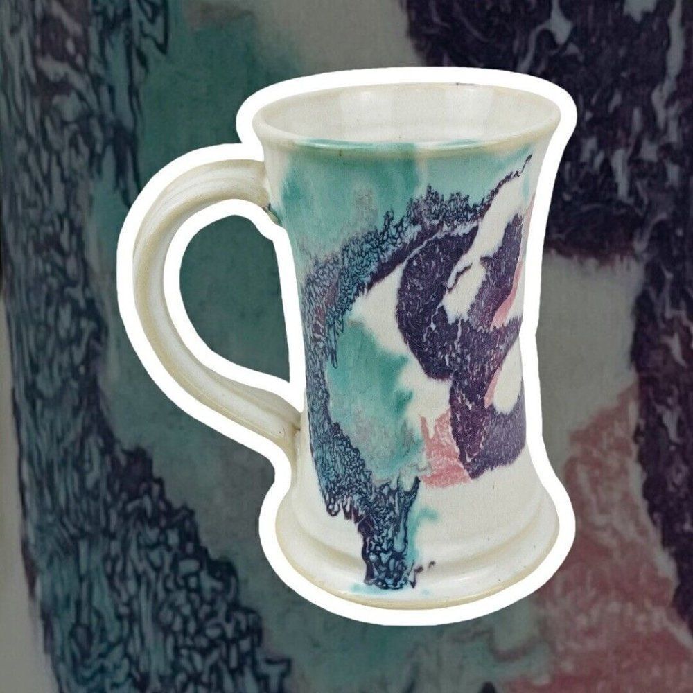 Vintage Signed Studio Art Pottery Tall Large Mug Handmade Artisan Jazz Design AL